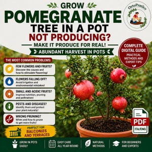 Può includere: Un albero di melograno in vaso con frutti rossi maturi. L'immagine presenta testo che promuove una guida digitale sulla coltivazione dei melograni in vaso, affrontando i problemi comuni e offrendo metodi pratici e consigli di esperti per raccolti abbondanti.