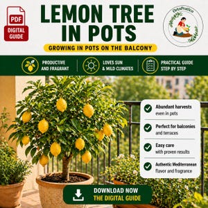 Può includere: Un albero di limoni in vaso con limoni gialli maturi, su un balcone. L'immagine include il testo "Lemon Tree in Pots" e "Download Now The Digital Guide". Sono visibili altre piante in vaso.