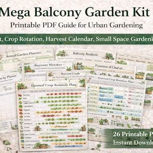 May include: A collection of printable PDF guides for urban gardening, titled "Mega Balcony Garden Kit." The guides cover topics like layout, crop rotation, and harvest calendars. The image includes a bundle of twine, gardening tools, and potted plants.