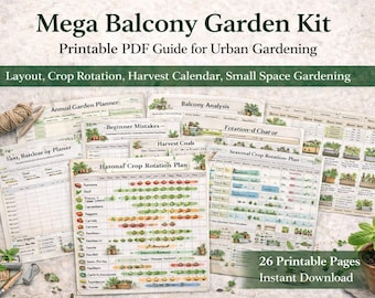バルコニーガーデン メガキット – 印刷可能なガーデンプランナー | 狭いスペースでのガーデニングガイド | レイアウト、ローテーション、収穫カレンダー (イタリア語/英語)
