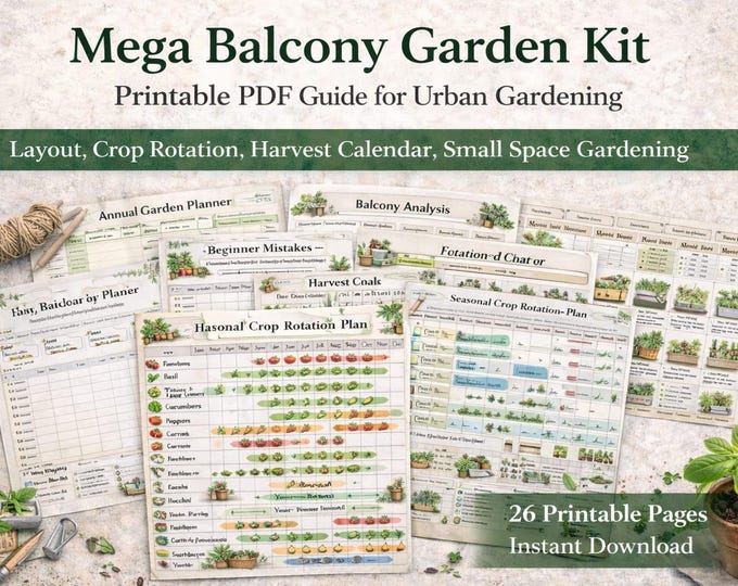 Mega Balcony Garden Kit – Printable Garden Planner PDF | Urban Vegetable Growing Guide | Layout, Crop Rotation, Harvest Calendar