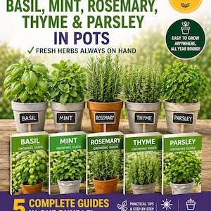 May include: Image showing how to grow herbs in pots. The image displays five potted herbs: basil, mint, rosemary, thyme, and parsley. Each pot has a label. Below are five growing guides. The text reads: "Grow fresh, flavorful herbs at home - the easy way!"
