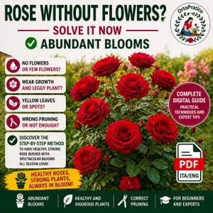 May include: Image of a rose bush with vibrant red blooms. The image includes text: "ROSE WITHOUT FLOWERS? SOLVE IT NOW - ABUNDANT BLOOMS." It also features a digital guide for healthy roses, strong plants, and correct pruning.