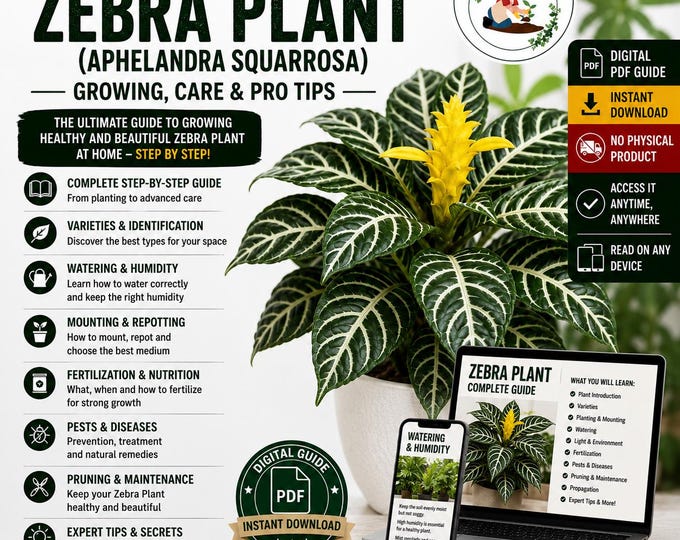 Zebra Plant Care Guide | Aphelandra Squarrosa Indoor Plant Care | Watering, Light, Blooming & Problems | Digital PDF Guide