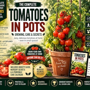 Könnte beinhalten: Ein digitaler Anbauratgeber mit dem Titel The Complete Tomatoes in Pots mit Text zu Pflege, Boden, Schädlingen und Ernte. Das Bild zeigt einen Terrakottatopf mit einer Tomatenpflanze, ein Tablet mit dem Cover und einen Pflanzkalender.
