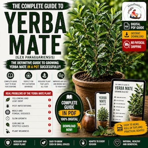 May include: A digital PDF guide titled The Complete Guide to Yerba Mate featuring text about growing Ilex paraguariensis in a pot. The image displays a green plant in a brown terracotta pot, a mate gourd with a metal straw, and a tablet screen.