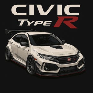 May include: Illustration of a white Honda Civic Type R car with black accents and a rear spoiler. The text "CIVIC TYPE R" is displayed in white and red on a black background.