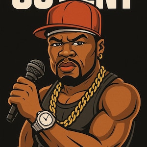 50 Cent Rapper Cartoon Kunst – Hip Hop digitaler Download | Druckbares T-Shirt Design, Rap Musik Wandkunst, Urban Streetwear Illustration