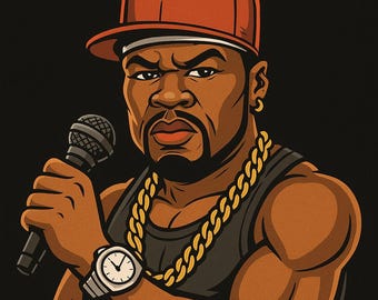 50 Cent Rapper Cartoon Art – Hip Hop Digital Download | Printable T-Shirt Design, Rap Music Wall Art, Urban Streetwear Illustration