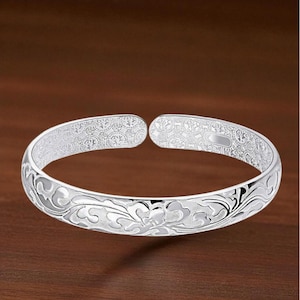 925 Silver Detailed Chunky Bracelet, Silver Bangle, Adjustable Silver Bangle, Chunky Bangle, Silver Bracelet, Gift for Her