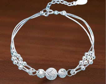 Bransoletka z zawieszkami ze srebra próby 925, bransoletka z koralików, regulowana długość, prezent dla druhny, prezent na rocznicę, prezent dla niej