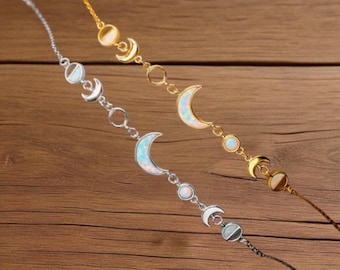 Womens Opal Moon Bangle Bracelet, Crescent Moon 925 Sterling Silver Bracelet, October Birthstone, Dainty Gift for Her, Letter Box Gift