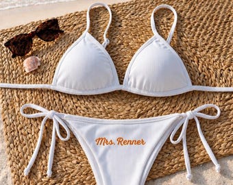 Custom Mrs Embroidered Bikini Set, Bridal Swimwear, Bride Beach, Bachelorette Bikini, Personalized Summer Gift For Her