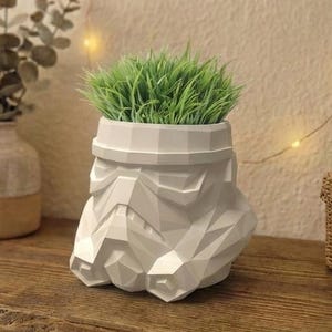 Puede incluir: Una maceta blanca geométrica con forma de casco de Stormtrooper llena de hierba verde se encuentra en una estantería de madera. Una pequeña cesta tejida y una impresión botánica enmarcada también están en la estantería.