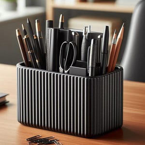 Könnte beinhalten: Ein schwarzer Schreibtisch-Organizer mit vertikalen Rippendetails, gefüllt mit Stiften, Bleistiften, Scheren und anderen Büroartikeln. Der Organizer steht auf einem Holzschreibtisch und bietet eine stilvolle Aufbewahrungslösung.
