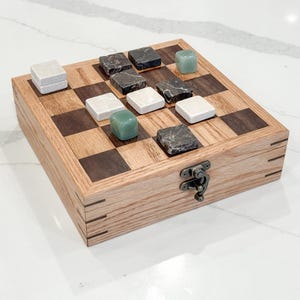 Handmade Oak & Walnut Checkerboard Box with Marble Tiles - 20+ Games