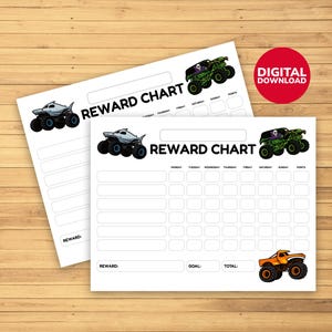 以下が含まれることがあります： 2つの白い報酬チャート。モンスター・トラックのイラストが描かれています。1つはサメをテーマにしたトラック、もう1つはスカルデザインの緑色のトラックです。チャートには報酬を追跡するためのスペースと「REWARD CHART」の文字が含まれています。「DIGITAL DOWNLOAD」と書かれた赤い円も表示されています。