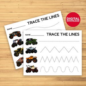 以下が含まれることがあります： 「TRACE THE LINES」の文字と、モンスタートラックのイラストが描かれた2枚の白い紙。紙には点線でなぞる線と「NAME」と書くスペースがあります。「DIGITAL DOWNLOAD」と書かれた赤い丸も表示されています。
