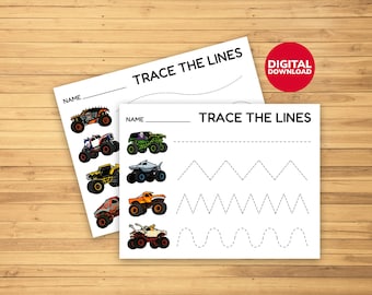 May include: Two white sheets of paper with the text "TRACE THE LINES" and illustrations of monster trucks. The sheets have dotted lines for tracing and a space to write "NAME". A red circle with "DIGITAL DOWNLOAD" is also visible.