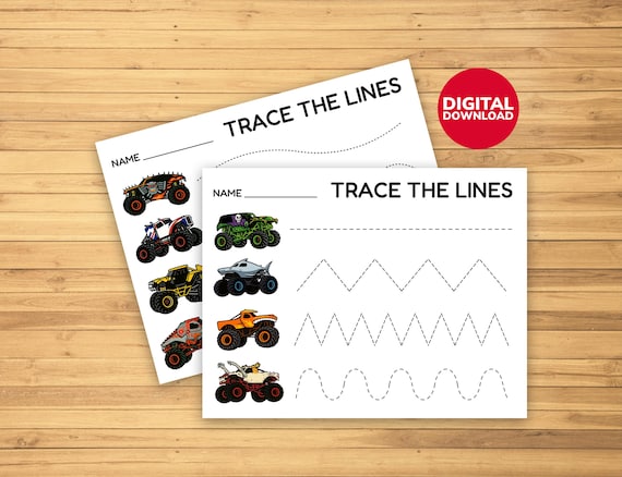 Monster Truck Tracing Worksheets: Preschool Pre-Writing Activity (3 Page PDF)
