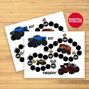 May include: Two white game boards featuring monster trucks, black circles, and text. One board has a blue monster truck, and the other has a red monster truck. The boards have the words "GO!" and "FINISHED!" and a red circle that says "DIGITAL DOWNLOAD".