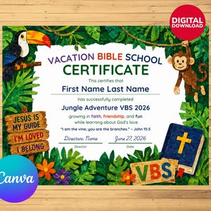 May include: A digital download certificate for Vacation Bible School. The certificate features a toucan, monkey, and jungle theme. Text includes "Jungle Adventure VBS 2026" and "Jesus is my guide, I'm loved, I belong."