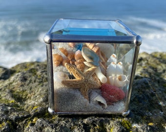 Paisaje marino (cubo de 3 pulgadas) decoración oceánica para oficina y hogar, conchas marinas, vidrio biselado, vidrieras