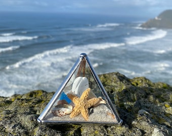 Paisaje marino (triángulo de 3 pulgadas) decoración oceánica para oficina y hogar, conchas marinas, vidrio biselado, vidrieras, tesoros costeros