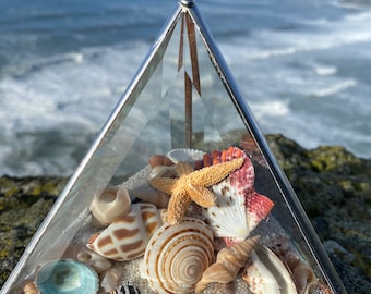 Paisaje marino (triángulo de 5 pulgadas) decoración oceánica para oficina y hogar, conchas marinas, vidrio biselado, vidrieras
