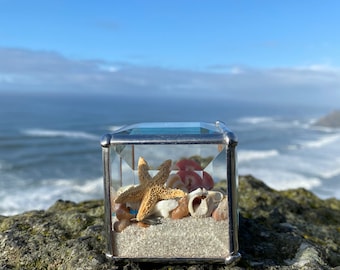 Paisaje marino (cubo de 2 pulgadas) decoración oceánica para oficina y hogar, conchas marinas, vidrio biselado, vidrieras