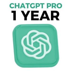 May include: A teal square icon featuring a white floral design. Above the icon, the text reads "ChatGPT PRO" in green and "1 YEAR" in black, suggesting a subscription or service for a year.