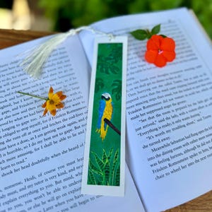 Hand Painted Tropical Macaw Bookmark Print, Tropical Bird Bookmark, Jungle Bookmark, Bird Bookmark