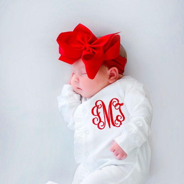 Kerstoutfit voor babymeisje, babymeisje die thuiskomt, kleding voor babymeisje, meisje brandweermanoutfit, ruches footie