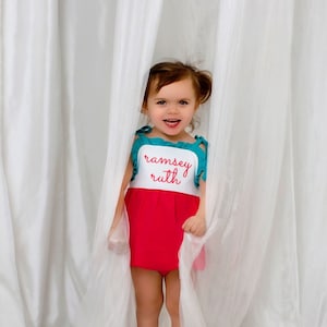 Girls Romper, monogrammed bubble, personalized sunsuit, baby girl clothing, 1st birthday gift, birthday outfit, tie bubble, sk creations