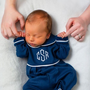 Baby boy coming home outfit, monogrammed boy romper, sk creations, pima cotton