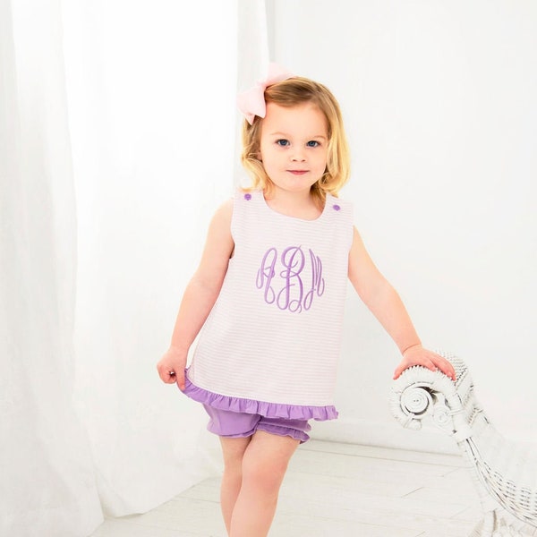 Girls Bloomer Set, monogrammed bloomer set, girls summer outfit, sk creations, pima cotton, monogram summer outfit