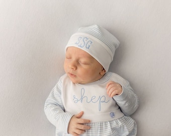 Baby boy coming home outfit, Monogrammed footie romper, Personalized Baby gift, sleeper, newborn pictures, blue mini stripe bib front footie