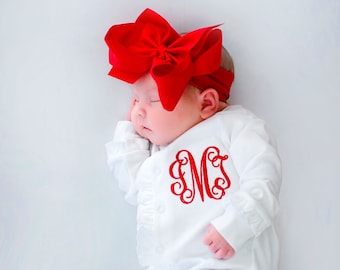 Baby girl Christmas outfit, baby girl coming home outfit, baby girl clothing, girl firefighter outfit, ruffle footie