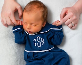 Baby boy coming home outfit, monogrammed boy romper, sk creations, pima cotton