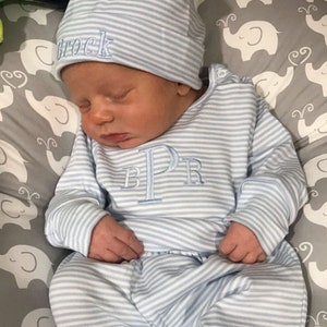 Baby boy coming home outfit, monogrammed baby boy outfit, pima cotton, take me home set, blue stripes