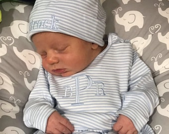 Baby boy coming home outfit, monogrammed baby boy outfit, pima cotton, take me home set, blue stripes