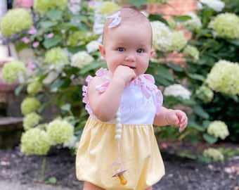 Girls Romper, monogrammed bubble, personalized sunsuit, baby girl clothing, 1st birthday gift, birthday outfit, tie bubble, yellow pink