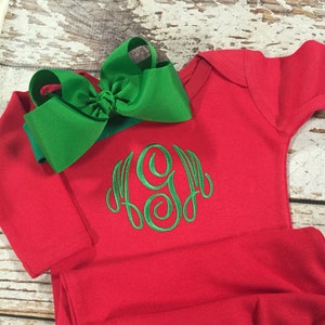 Monogrammed Christmas gown, newborn red and green outfit, baby Christmas pajamas