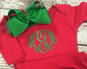 Monogrammed Christmas gown, newborn red and green outfit, baby Christmas pajamas