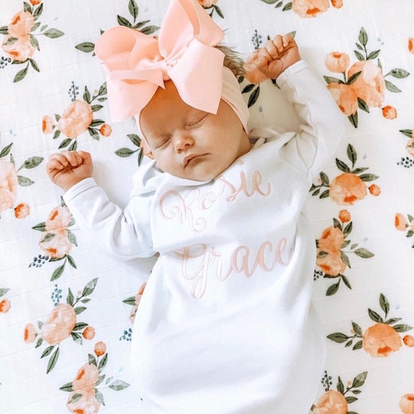 Monogrammed gown with matching bow, personalized baby gown, coming home outfit, monogram, newborn pictures, baby, custom