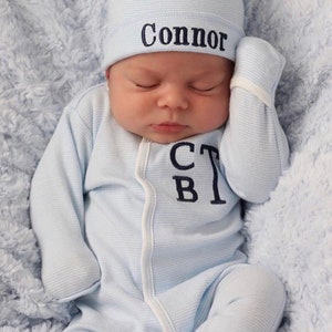 Baby boy coming home outfit, Monogrammed footie, Baby gift, Monogrammed sleeper, blue tiny stripes image 3