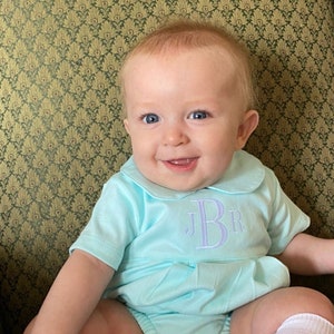 Monogrammed baby boy bubble, boy Easter outfit, personalized boys sunsuit, boys picture outfit, preppy baby boy clothing, shower gift, mint image 8