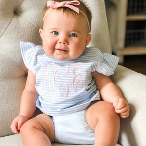 Baby girl outfit, monogrammed bloomer set, personalized baby shower gift, girls summer clothing, birthday gift, pima cotton, blue stripes image 1