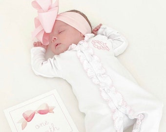 Baby girl coming home outfit, Ruffle footie romper, Personalized Baby gift, Monogrammed sleeper, pima cotton, newborn pictures, shower