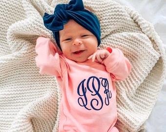 Baby girl coming home outfit, monogrammed romper and bow, baby shower gift, baby girl outfit, monogrammed outfit, monag